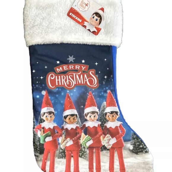 Elf On The Shelf Merry Christmas Stocking White Plush Cuff Blue Back - Picture 1 of 6